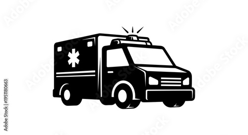 Black and white ambulance icon with emergency lights isolated on white background