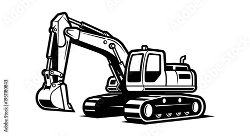 Black and white vector illustration of a crawler excavator isolated on white background