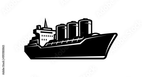 Black and white vector illustration of a cargo tanker ship on white background