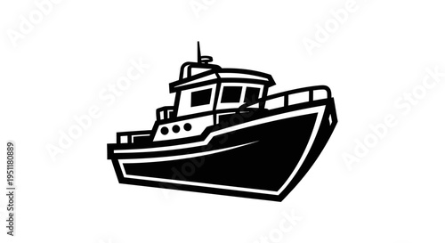 Black and white vector illustration of a fishing boat on a white background