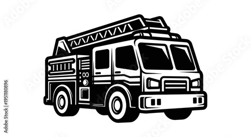 Black and white vector illustration of a fire truck with a ladder on white background