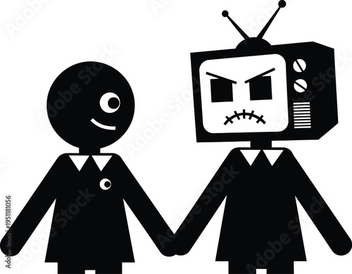 A cartoon illustration of a person holding hands with a television-headed figure