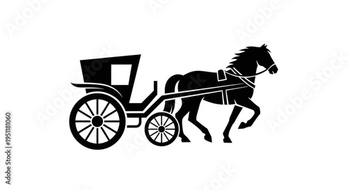 Black horse silhouette pulling a carriage on a solid white background