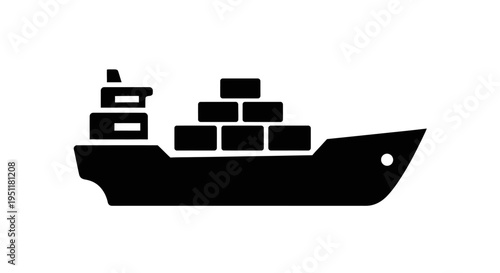 black silhouette of a cargo ship carrying stacked shipping containers on white background
