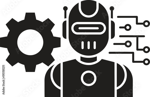 A robot with a gear and circuit lines on a white background