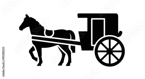 Black silhouette of a horse pulling a carriage on white background