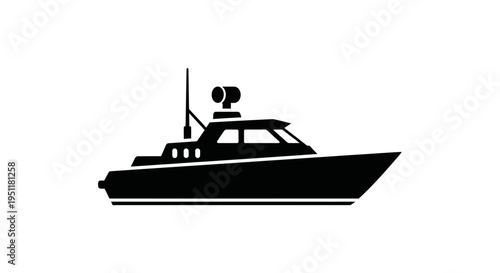 Black silhouette of a motor patrol boat isolated on a white background