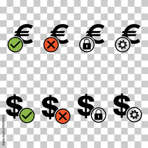 Set of dollar euro money symbol, business cash icon, save bank sign, vector illustratio .