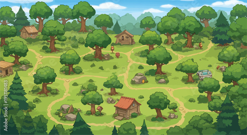Cartoon forest landscape vector illustration with winding paths, trees, small wooden houses, and green hills under a blue sky, ideal for game backgrounds or children's book designs.
