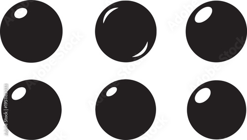 Black Solid Abstract Circular Orb Silhouettes Set of Six on White Background