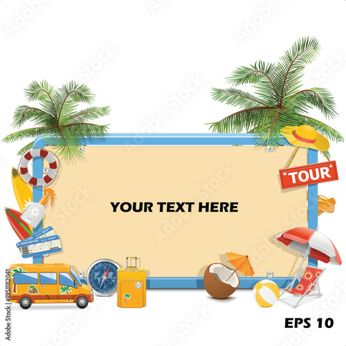 Summer Vacation and Travel Tour Infographic Template. Professional 3D Vector Illustration with Beach Billboard, Palm Trees, and Tourism Icons.
