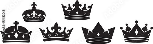 Black Solid Abstract Crown Silhouettes Set of Six on White Background