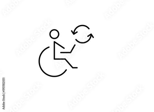 Person in wheelchair working at laptop and renew arrows. Accessibility update, workplace refresh, inclusion renewal. Pixel perfect, editable stroke vector icon