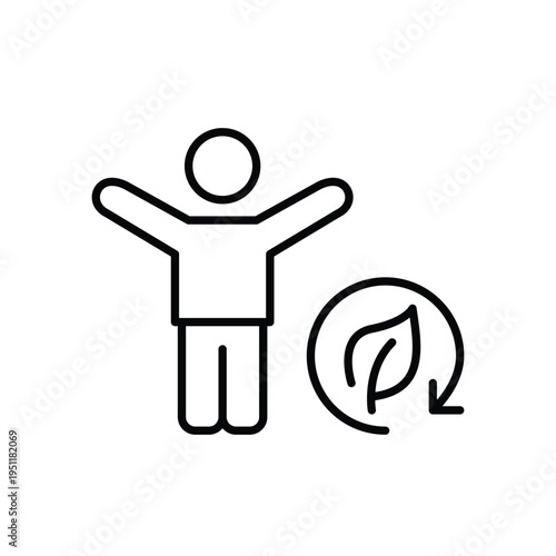 Person with arms raised in celebration, leaf and renew arrow. Successful sustainable living. Pixel perfect, editable stroke vector icon