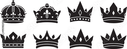 Black Solid Abstract Crown Silhouettes Set of Six on White Background