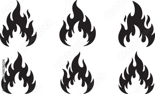 Black Solid Abstract Fire Flame Silhouettes Set of Six on White Background