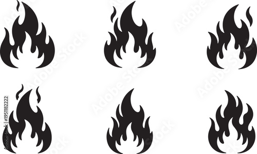 Black Solid Abstract Fire Flame Silhouettes Set of Six on White Background