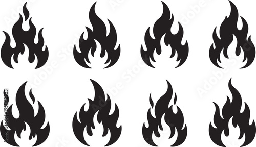 Black Solid Abstract Fire Flame Silhouettes Set of Six on White Background