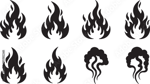 Black Solid Abstract Fire Silhouettes Set of Six on White Background