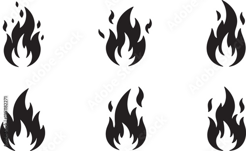 Black Solid Abstract Fire Spark Silhouettes Set of Six on White Background