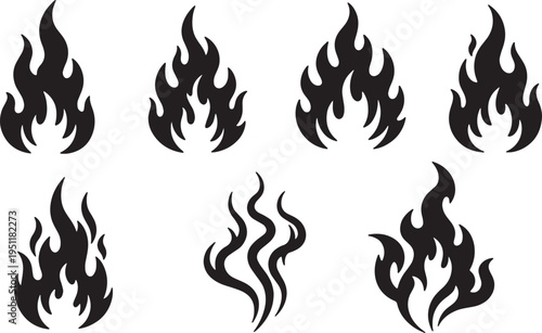Black Solid Abstract Fire Silhouettes Set of Six on White Background