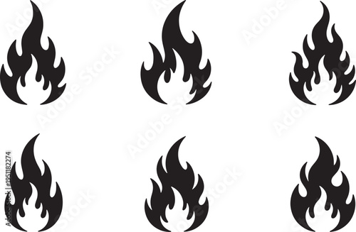 Black Solid Abstract Fire Silhouettes Set of Six on White Background