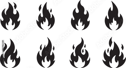 Black Solid Abstract Fire Spark Silhouettes Set of Six on White Background