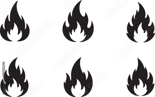 Black Solid Abstract Fire Spark Silhouettes Set of Six on White Background