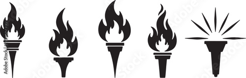 Black Solid Abstract Torch Silhouettes Set of Six on White Background