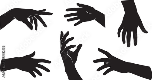 Black Solid Abstract Hand Silhouettes Set of Six on White Background