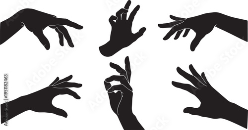 Black Solid Abstract Hand Silhouettes Set of Six on White Background