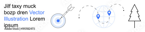 Navigation, business planning, environment, global travel, focus, nature. A target with an arrow, a globe with location pins and a tree. Navigation and business planning