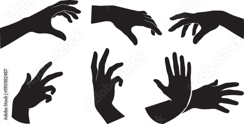 Black Solid Abstract Hand Silhouettes Set of Six on White Background