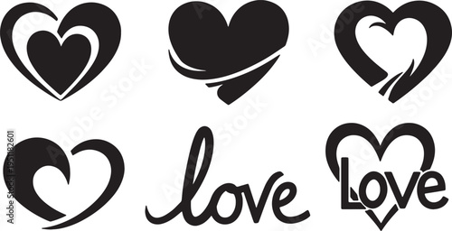 Black Solid Abstract Heart Silhouettes Set of Six on White Background