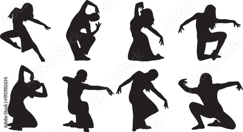 Black Solid Abstract Dancer Silhouettes Set of Six on White Background