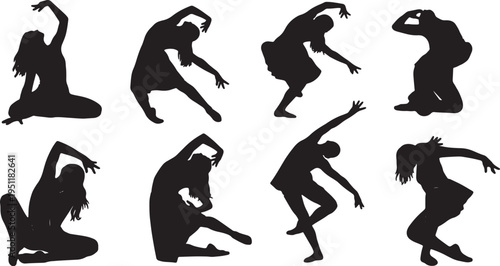 Black Solid Abstract Dancer Silhouettes Set of Six on White Background