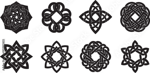 Black Solid Abstract Knot Silhouettes Set of Six on White Background