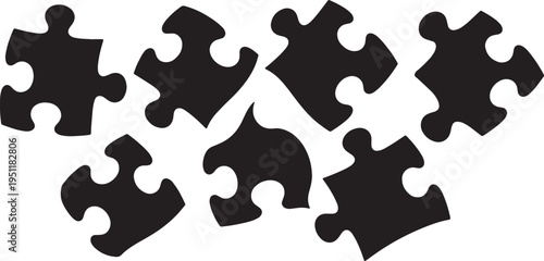 Black Solid Abstract Puzzle Silhouettes Set of Six on White Background