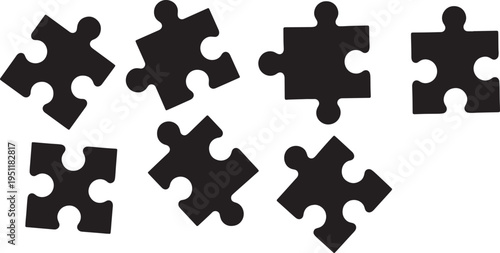 Black Solid Abstract Puzzle Silhouettes Set of Six on White Background