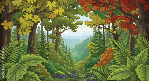 Vibrant autumn forest landscape vector illustration with colorful trees, lush green foliage, and distant mountains, ideal for nature backgrounds and environmental designs.