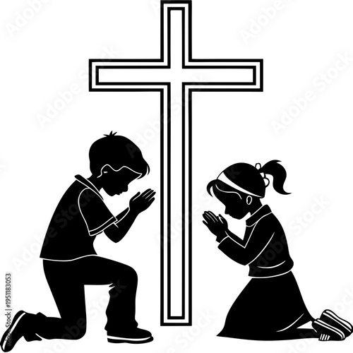 two children kneeling in prayer before a large Christian cross. The boy and girl face each other with hands clasped, while the cross stands prominently between them, symbolizing faith and devotion.