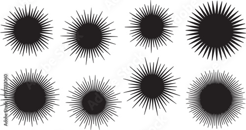Black Solid Abstract Sunburst Silhouettes Set of Six on White Background