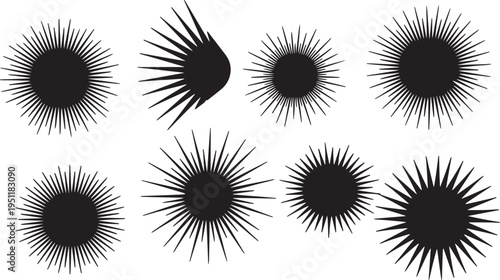 Black Solid Abstract Sunburst Silhouettes Set of Six on White Background