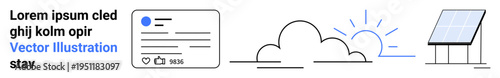 Renewable energy, social media, eco-friendly technology, solar power, nature, sustainable living. Minimalist icons of a social media profile, clouds sunlight and solar panels. Renewable energy