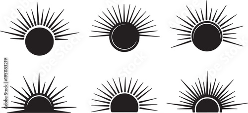 Black Solid Abstract Sun Silhouettes Set of Six on White Background