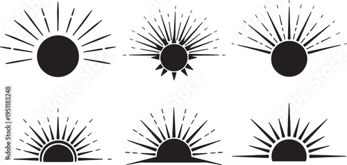 Black Solid Abstract Sun Silhouettes Set of Six on White Background