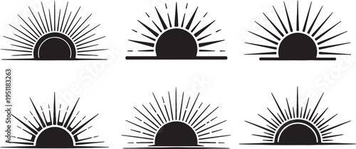 Black Solid Abstract Sun Silhouettes Set of Six on White Background