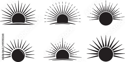 Black Solid Abstract Sun Silhouettes Set of Six on White Background