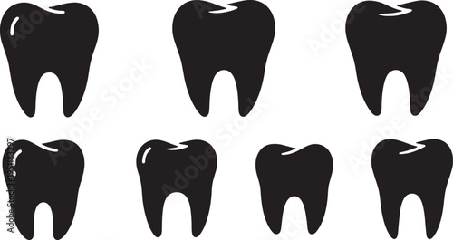 Black Solid Abstract Tooth Silhouettes Set of Six on White Background