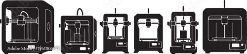 Black Solid 3D Printer Silhouettes Set of Six on White Background